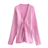 Fongt 2024 New Women's Loose Bow Trim Silk Satin Texture Shirt Women 2183331-Outfit