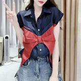 Summer Fashion Bow Patchwork Shirt Female Clothing Casual Turn-down Collar Commute Single-breasted Korean Sleeveless Blouse-Outfit