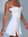 Women Lace Short Split Dress Retro Ruched Lace-up Mini Dress Elegant Backless Solid Female Vestidos Y2K Clubwear 2023-Outfit