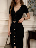 Fongt Multi-Clause Dress Knitted Solid-Colored Short-Sleeved Retro Elegant Knitted-Up-Buttoned Dress