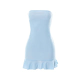Women Soft Tender Slight Blue Strapless Wrap Hipster Mini Pleated Dress Pullover Sexy Charm Outfits Girls Dating Wear-Outfit