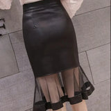 Black Faux Leather Mesh Frill Patchwork Pencil Midi Skirt-Outfit