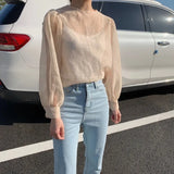 Sleeve Women's Shirt New Mesh Top Micro-Penetration Tops See Through Sexy Blouse Women Vintage Tops and Blouse Blusas