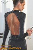 Sexy Backless Chain Glitter Party Dress for Women 2023 Autumn Round Neck Long Sleeve Elegant Evening Mini