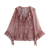 Fongt Spring/Summer Blouse With V-Neck Folding Animal Pattern Printed Women's Long-Sleeved Shirt