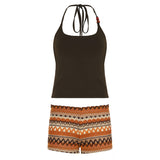 Fongt Cloth Forget The Holiday Style Retro Bead Design Hanging Neck Vest Striped Shorts Hot Beach Blouse