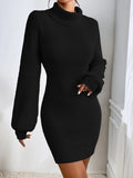 Fongt Women's Sweater Dress Stylish Simple Thin Knitted High-Necked Solid-Colored Knitted Dress