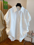 style Summer Fashion Puff Sleeve Women Blouses Single Breasted Turn-down Collar New Shirt