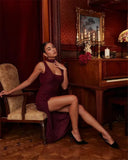 Burgundy Sleeveless Mesh Slit Drape Midi Dress-Outfit