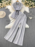 Fongt Gray West Assembly V-Neck Double Buckle Vest Sleeveless Waist Blouse + High Waist-High-Scretch Broad-Legged Trousers Two