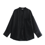 New Women Simply Stand Collar Solid Green Casual Kimono Shirt Female Pocket Patch Blouse Roupas Chic Blusas Tops