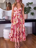 Fongt Women's V-Necked Dresses Dresses Printed Sleeveless Beach 100-Fold Fashion Sexy 8087