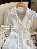 Dress Women French Vintage Short Puff Sleeve Single Breasted Notched V Neck Blazer Dresses Women Chic Retro Elegant