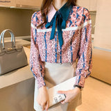 New Long Sleeved Women's Blouse Lapel Bow Printing Shirt Splicing Casual Fashion Top Chiffon Korean Style Female