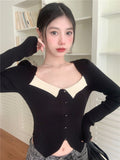 Temperament Black Collar Knitted Shirt 2025 Spring And Autumn New Open Fork Thin Short Bottom Long Sleeve