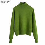 Women Simply Mock Neck Solid Green Color Casual Knitting Sweater Female Chic Basic Long Sleeve Pullovers Brand Tops