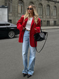 Suit 2024 Summer New Temperament Shoulder Pads Loose Lapel Pocket Red Suit Jacket-Outfit