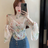 Sleeve T-shirts Women Print Crop Tops Sweet Aesthetics Design Slit Temper Vintage Elegant Sun Proof Y2k Clothes
