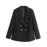 Fongt Women's Spring And Autumn Fashion Double Buckle Flowers This Lattice Suit Jacket Retro Long-Sleeved Pocket Suit Jacket