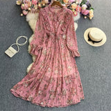 Fongt And Autumn Gentle Wind Korean Version Of Sweet Round Collar Lote Side To Receive Waist Thin A Word Broken Flower Chiffon Dress Woman