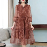 New Casual Half Sleeve Midi Dress Vintage Printed Women's Clothing Ruffles Spliced Stylish Drawstring Loose Gauze Dresses-Outfit