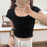 Short-Sleeved T-Shirt Women's Half-Open Collar Button Design High Waist Short Style Navel New Summer