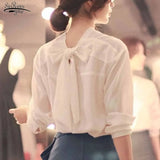 Spring Korean Style Tops Wome Long Sleeve Back Bow V-neck Chic Sweet Shirts Solid White Chiffon Blouse Blusas Femme