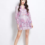 Fongt Retro Elegant Suit Collar Long Sleeves With Waist Print Dress Women's Thin Temperament Single Buckle A Skirt