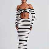 Fongt New Hottie Women's Suit Summer Striped Long-Sleeved Hanging Neck Top Skirt Two-Piece Women