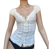 Fongt Small Fragrant Pure Girl Bubble Sleeve Strapped With Wood Ear Age Reduction Netcloak Umbilly Short-Sleeved Top