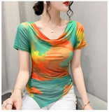 Printed Mesh Tee Shirt Female Slash Neck Short Sleeve Irregular T Shirts Women Summer T-shirt Top-Outfit