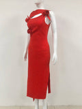 Red 3D Flower Cutout Rhinestone Midi Dress-Outfit