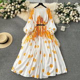 New Women's Dress Dress Oversized Printed Pleated Pleated Waist Belt Holiday Skirt-Outfit
