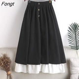 Spring Summer Women Skirt Oversize Korean Style A-line Patchwork Long Skirts High Waist Female Skirts Double Layer
