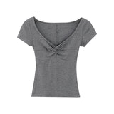 Design Temperament Small Fragrant Wind Cross Twist Pleated V-Neck Shoulder Short-Sleeved T-Shirt Women's Summer 2024 New