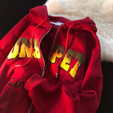 Letter Embroidery Hoodies High Street Retro Flame
