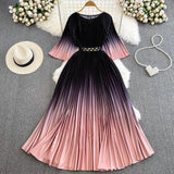 Familiar Style Socialite Temperament Five-Sleeve Round Collar Waist To Show Thin A Word Large Pendulum Gradual Color Printed Pleated Dress-Outfit