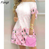 Ptint Colorblock Off Shoulder Tie Detail Casual Dress