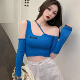 Long Sleeve Off-shoulder T-shirt Autumn Port Flavor Retro Tee Shirt Carefully Machine Design Tops-Outfit