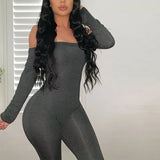 Fongt Supply Of Women's Clothing Clean Color Shoulder Long-Sleeved Hips Feet Casual Fashion Conjoined