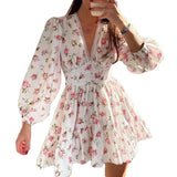 Fongt Women's Wear Temperament Sweet Floral High Waist Slim V Collar Short Long Sleeve Winter