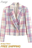 Tweed Woolen Jacket Ultrashort Suit Coat Women Spring Autumn High-waist Plaid Blazers Feminine Slim Casual Tops