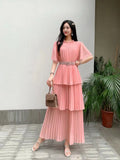 Fongt Familiar With The Style Of Temperament Short-Sleeved Round Collar To Close The Waist Thin Cake Dress Dress Dress Woman