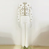 Fongt New Fashion Round Neck Heavy Industry Nail Beads Short Jacket Open Fork Trousers Set