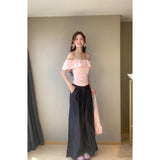 Fongt And Wear The Atmosphere Of The Lotus Leaf Side Shoulder Repair Folding Top With Straight Leisure Long Pants Set