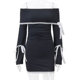 Black Long Sleeve Off-shoulder Bow Mini Dress-Outfit