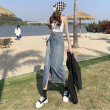 Fongt The Front Split Denim Skirt Female 2024 Ins Temperament A Word Retro Show Thin In The Long Wrap Buttock Skirt-Outfit