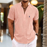 Fongt New Men's Plus Size Solid Color Henry Collar Short Sleeve Shirt Cover Shape Simple Shirt-Outfit