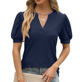 2024 New V-Neck Bubble Sleeve Pleated Short Sleeve Loose T-Shirt Top-Outfit