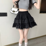 Fongt Cake A-Dress Women's Summer Korean Edition 2025 New High Waist Slim White Net Canopy Half-Skin